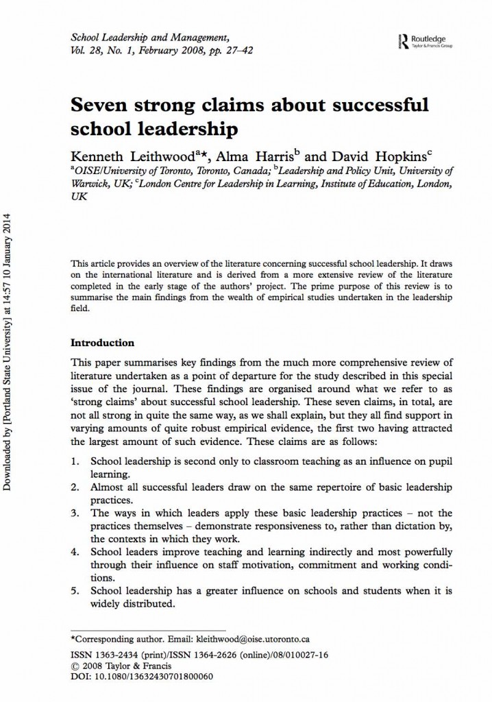 The authors provide an overview of literature concerning school leadership and make seven claims about successful school leadership.