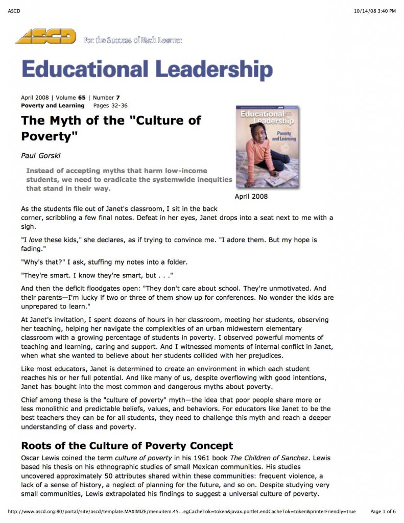 Paul Gorski debunks many of the various myths associated with the concept of the “culture of poverty” and addresses what he believes is the real reason an achievement gap exists between low and high income students: a culture of classism.