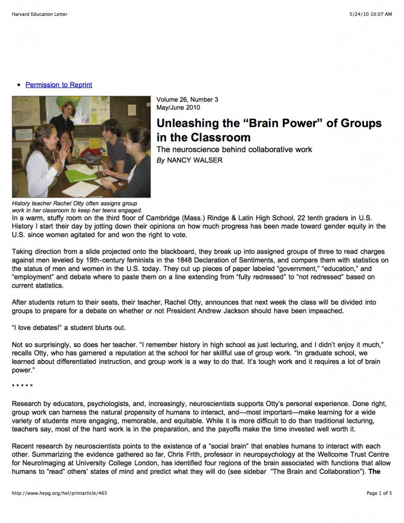 Nancy Walser advocates for group work. She discusses classroom benefits of group work, strategies to structure effective group work, ways to promote participation, and the results group work can produce.