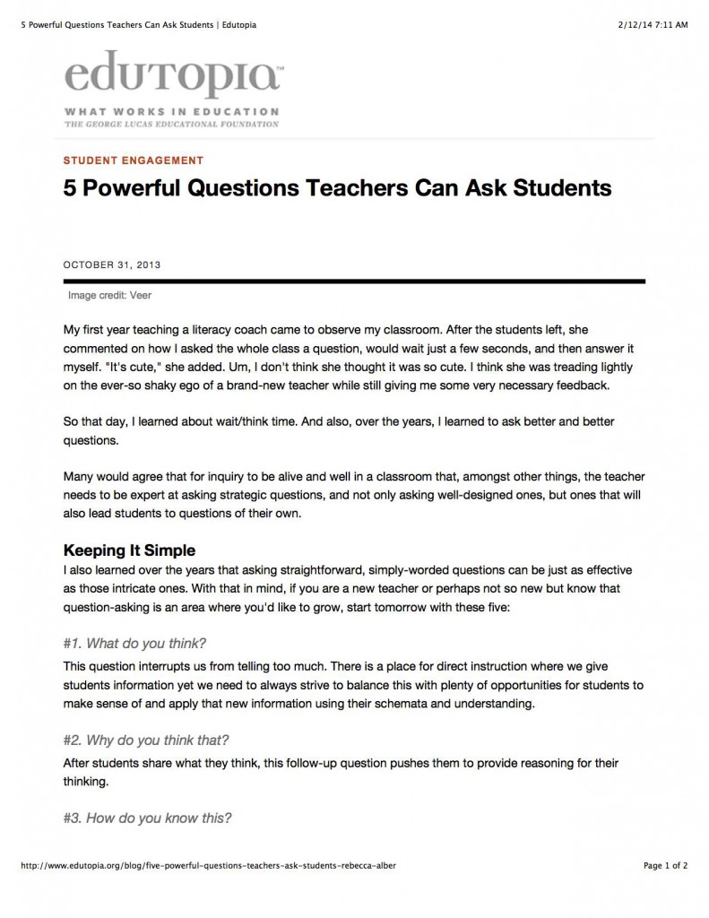 Edutopia blogger and teacher Rebecca Alber outlines strategies for teachers to have more productive discussions with their students by asking simple questions and giving students the time to think about the question before they attempt to answer it.