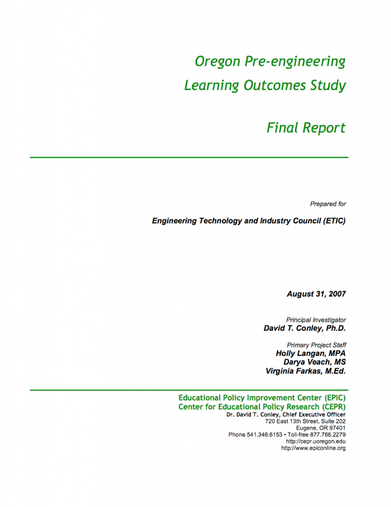 Oregon Pre-engineering Learning Outcomes Cover Page