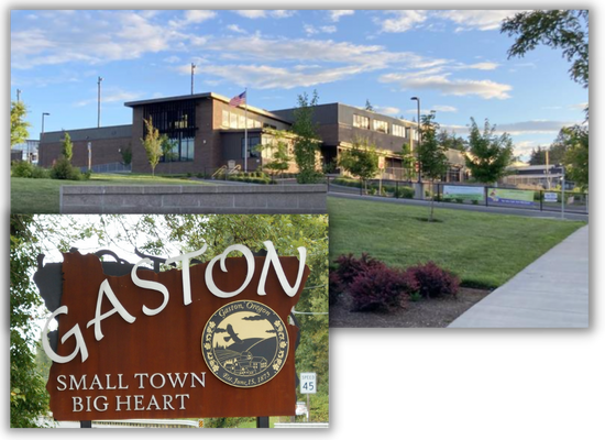 Main large photo is of the front Gaston School District building on a grassy hill: modern with many reflective windows, trees scattered around. The second smaller photo is of the "Gaston: Small Town Big Heart" welcome sign.