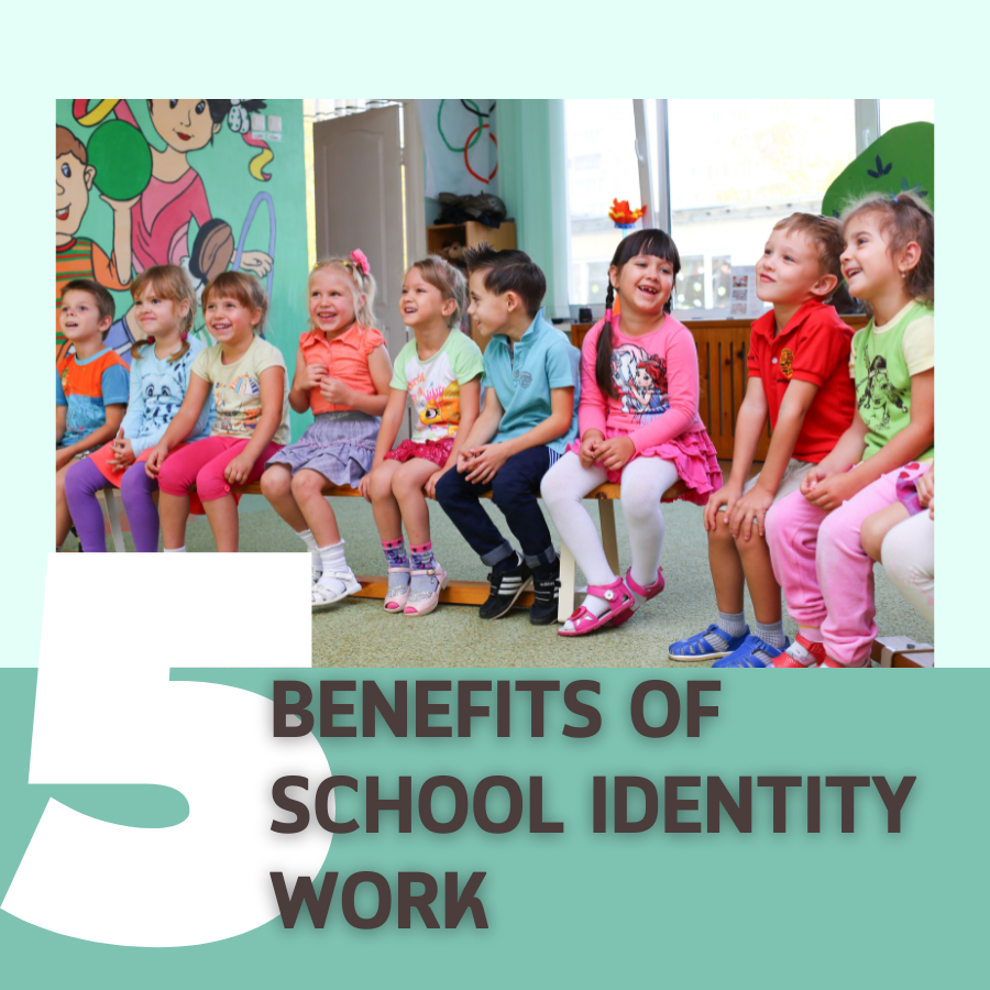 Group of diverse elementary students sitting together. Text below the photo reads 5 Benefits of School Identity Work